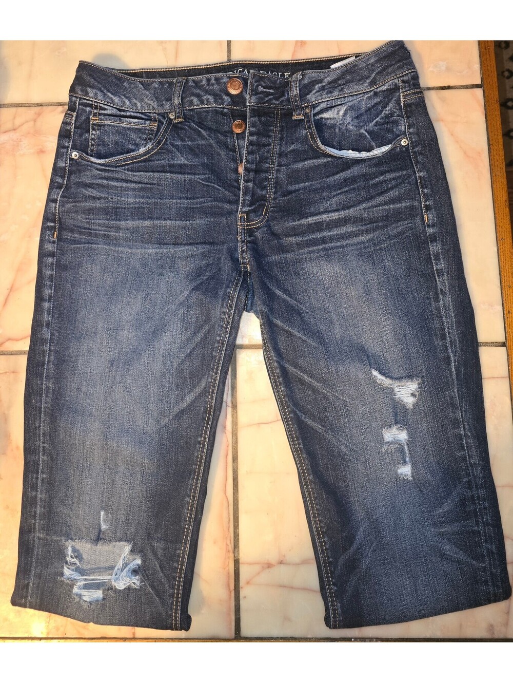 AE Tomgirl Jeans Womens Size 6 Distressed Raw Hem Dark Wash Button Fly
